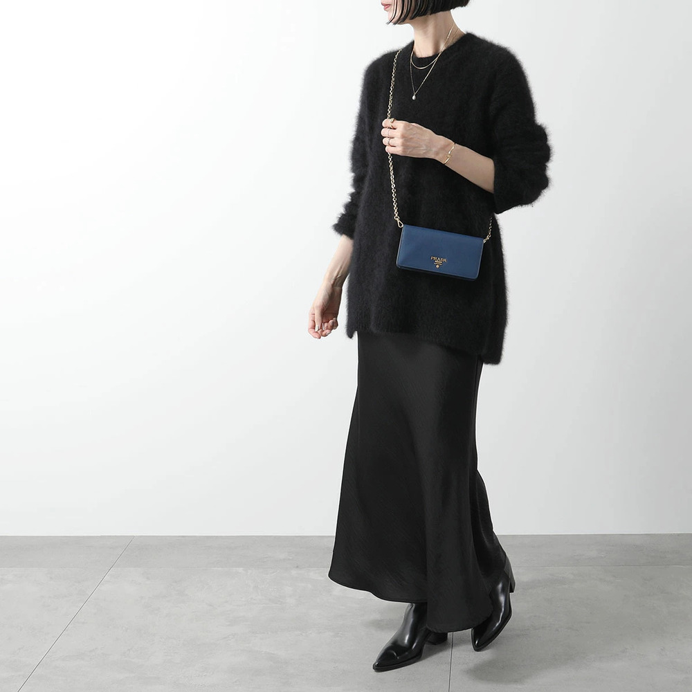 Prada Chain Wallet QWA Long Shoulder Bag Metal Leather Pouch Clutch BLUETTE